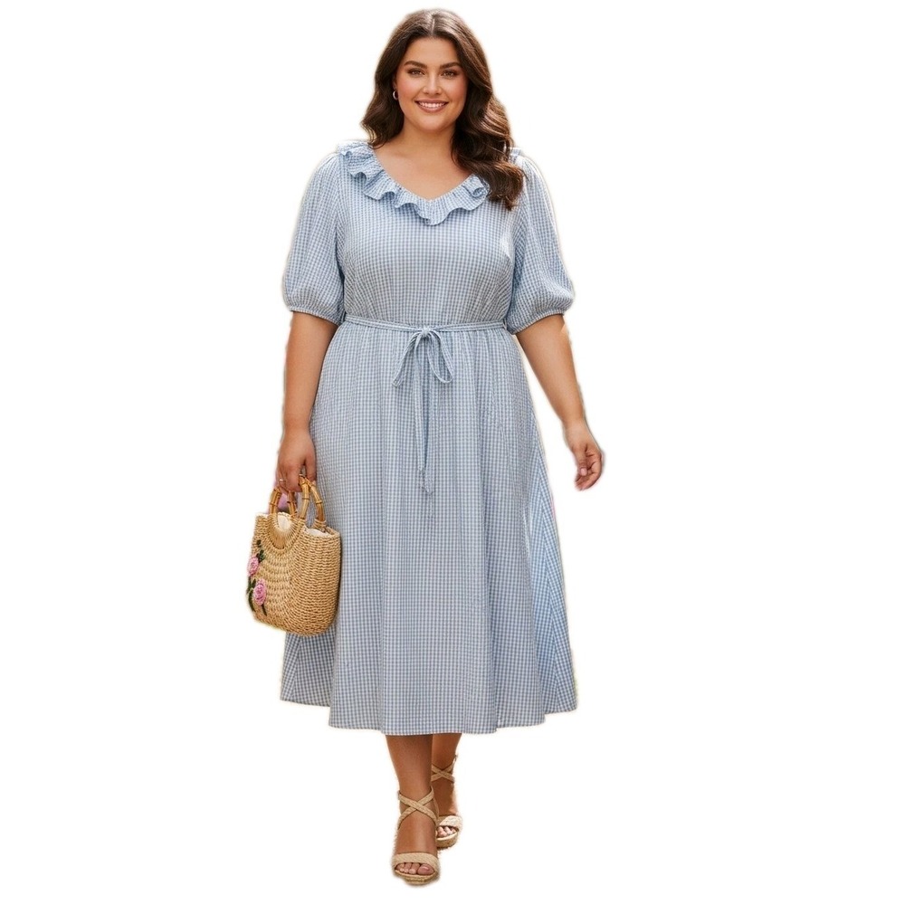 Draper James Gingham Dress Plus Sz 3X Blue Puff Sleeve Ruffle Cottage Romantic - Picture 2 of 16